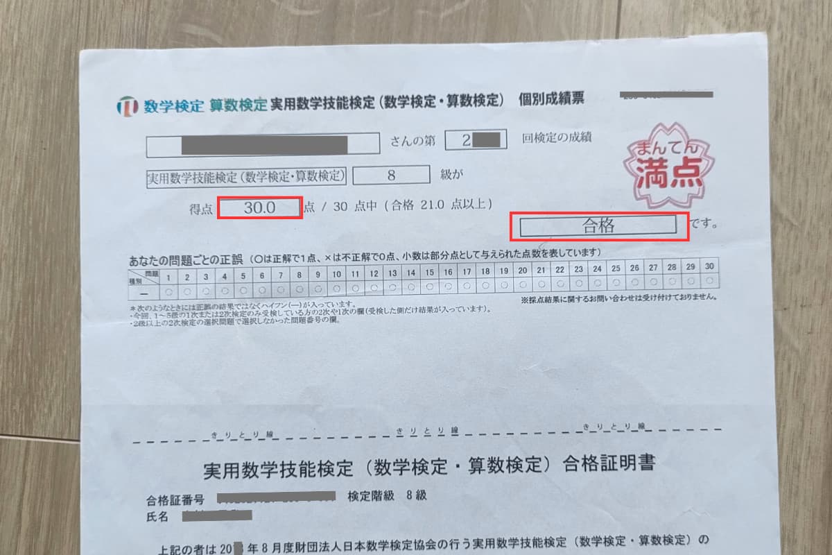 算数検定8級実際の得点と数検8級の合格ラインの比較
