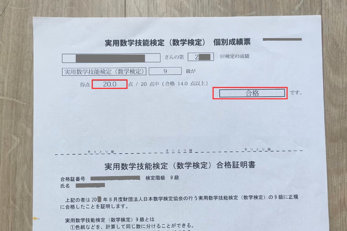 算数検定9級の実際の得点と数検9級の合格ラインの比較